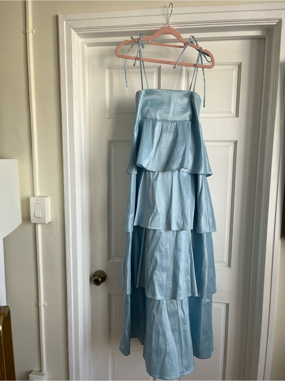 Light Blue Tiered Satin Maxi Dress with Tie Straps